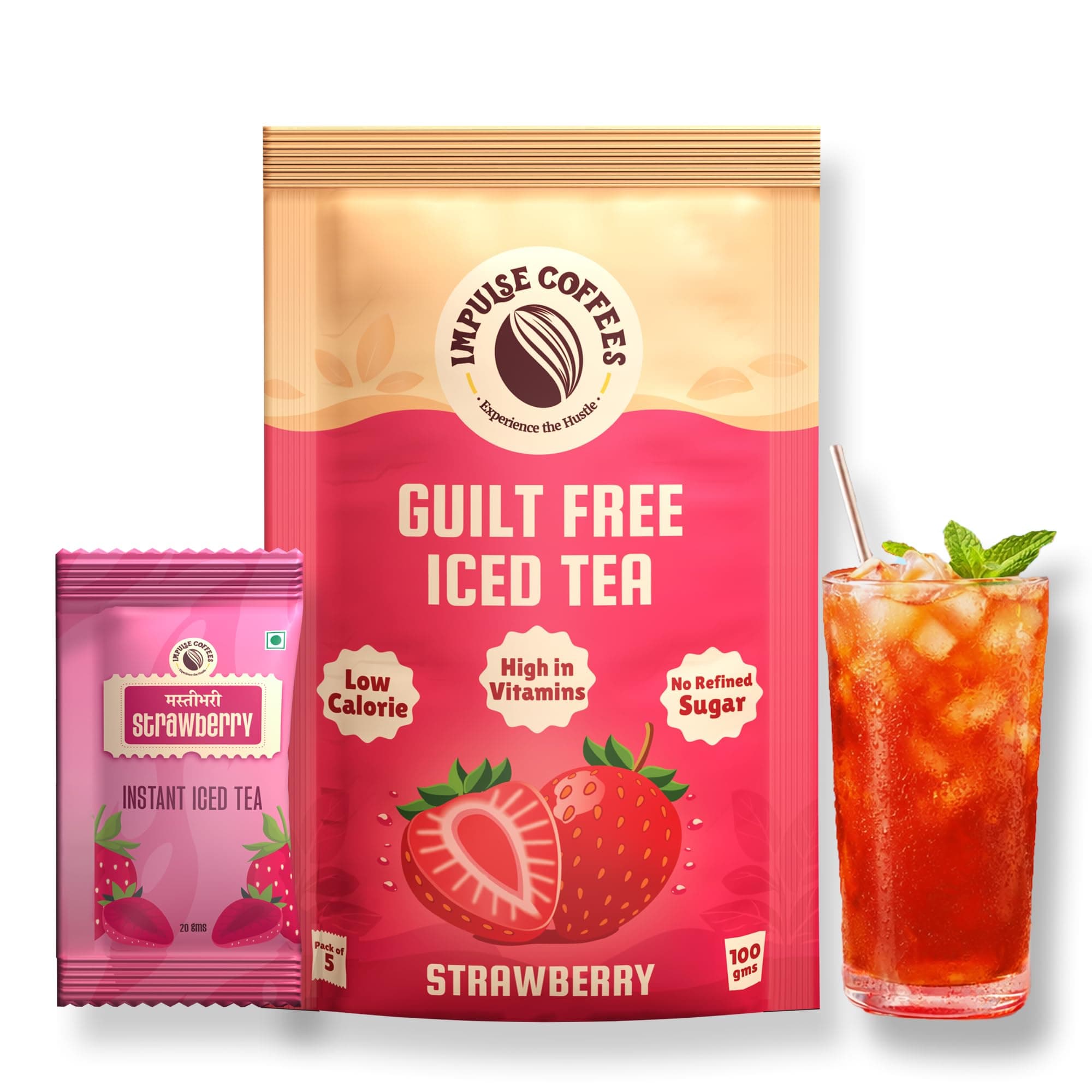 Impulse Coffees Guilt Free Iced Tea Strawberry | Iced Tea Powder Drink Mix | Zero Refined Sugar, Low Calorie, Strawberry Flavour | 20g x 5 Sachets (100g)