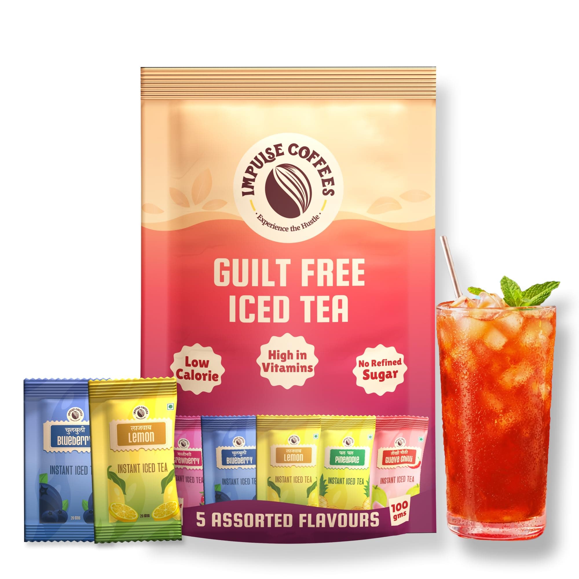 Impulse Coffees Guilt Free Iced Tea Powder - Assorted Variety Pack | 5 Flavors - Lemon, Blueberry, Strawberry, Pineapple, Guava Chilli | Zero Refined Sugar | Vitamin C & B-Complex | 20g X 5 Sachets | 100g