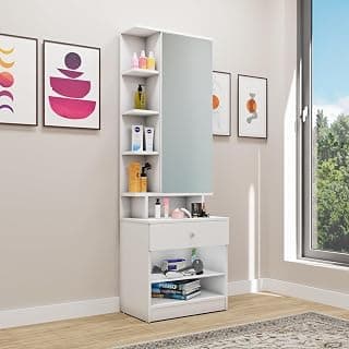 VIKI | Engineered Wood Dressing Table with 1 Drawer, Mirror Door and Huge Storage Open Shelf Space | Vanity for Living Room, Bedroom (Frosty White - 60W x 40D x 182.6H cms)