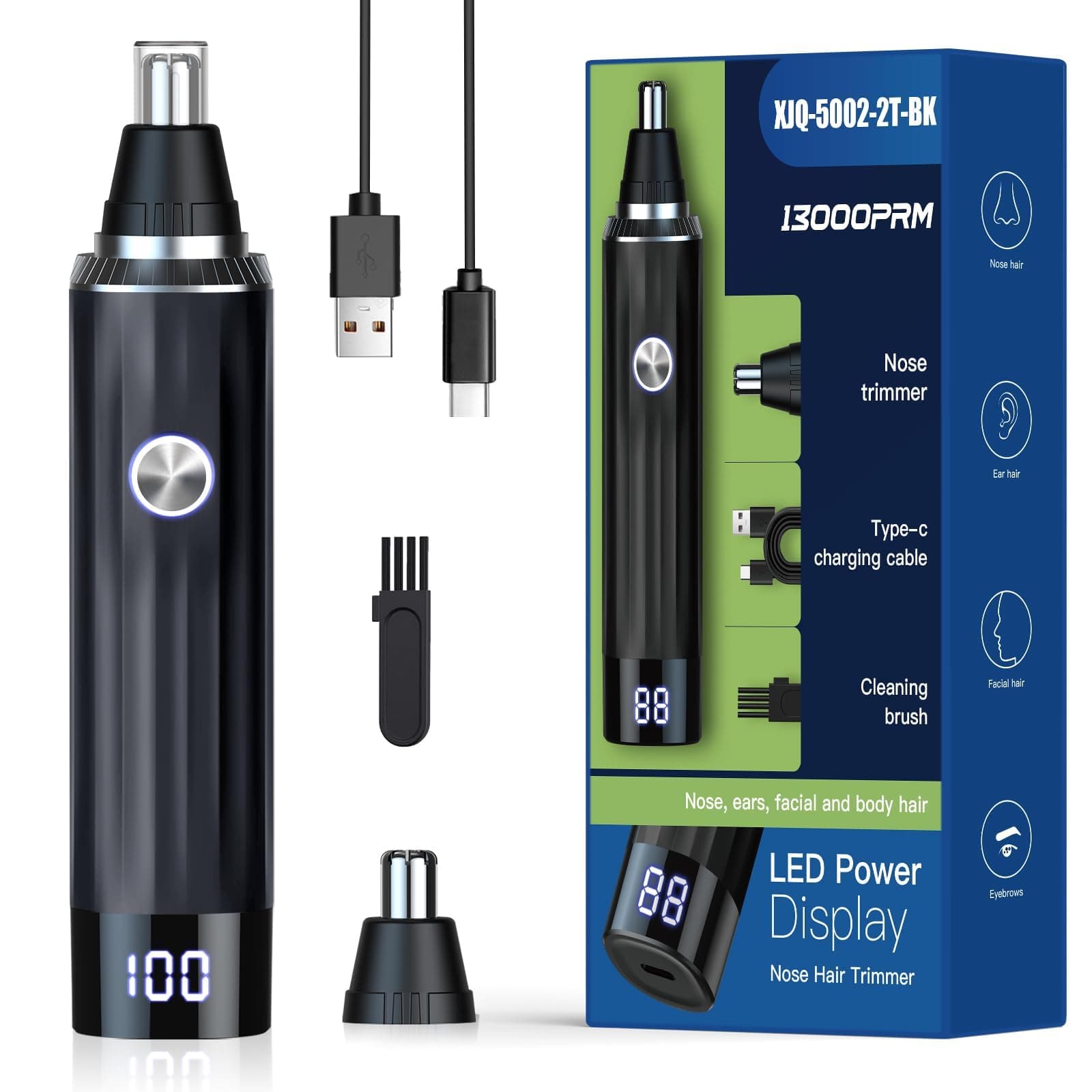 Nose Hair Trimmer 2 in 1 Nose Trimmer Ear Hair Trimmer with LED Display, USB Rechargeable Nose Hair Trimmer for Men and Women, Painless Nose Hair Remover with IPX7 Level Waterproof