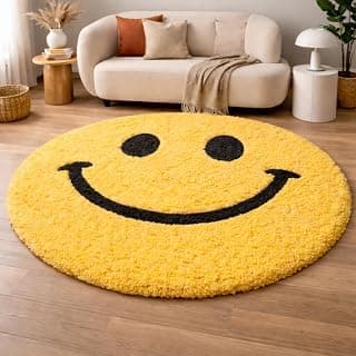 Smiley Face 4x4 feet Carpet for Kids RoomPolyster Shaggy YellowDesigned Round Rug, Non-Slip Floor Mat for Bedroom, Nursery, Playroom – (4x4 feet, Yellow, Round).