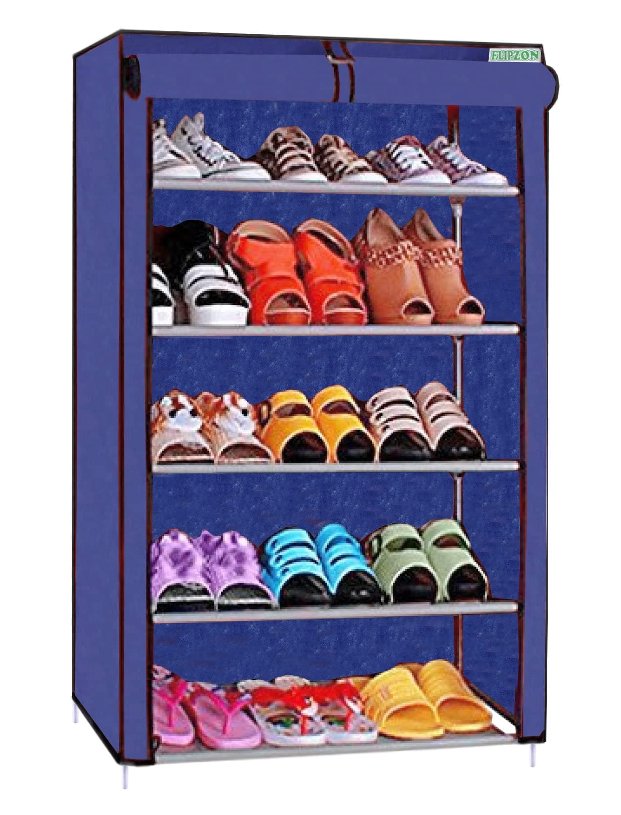 FLIPZON Multipurpose 5 Shelves Shoe Rack with Zip Door Cover & Side Pockets, Multiuse Wide Shelve Storage Rack for Footwear, Toys, Clothes with Dustproof Cover (5 Shelves) (Blue)