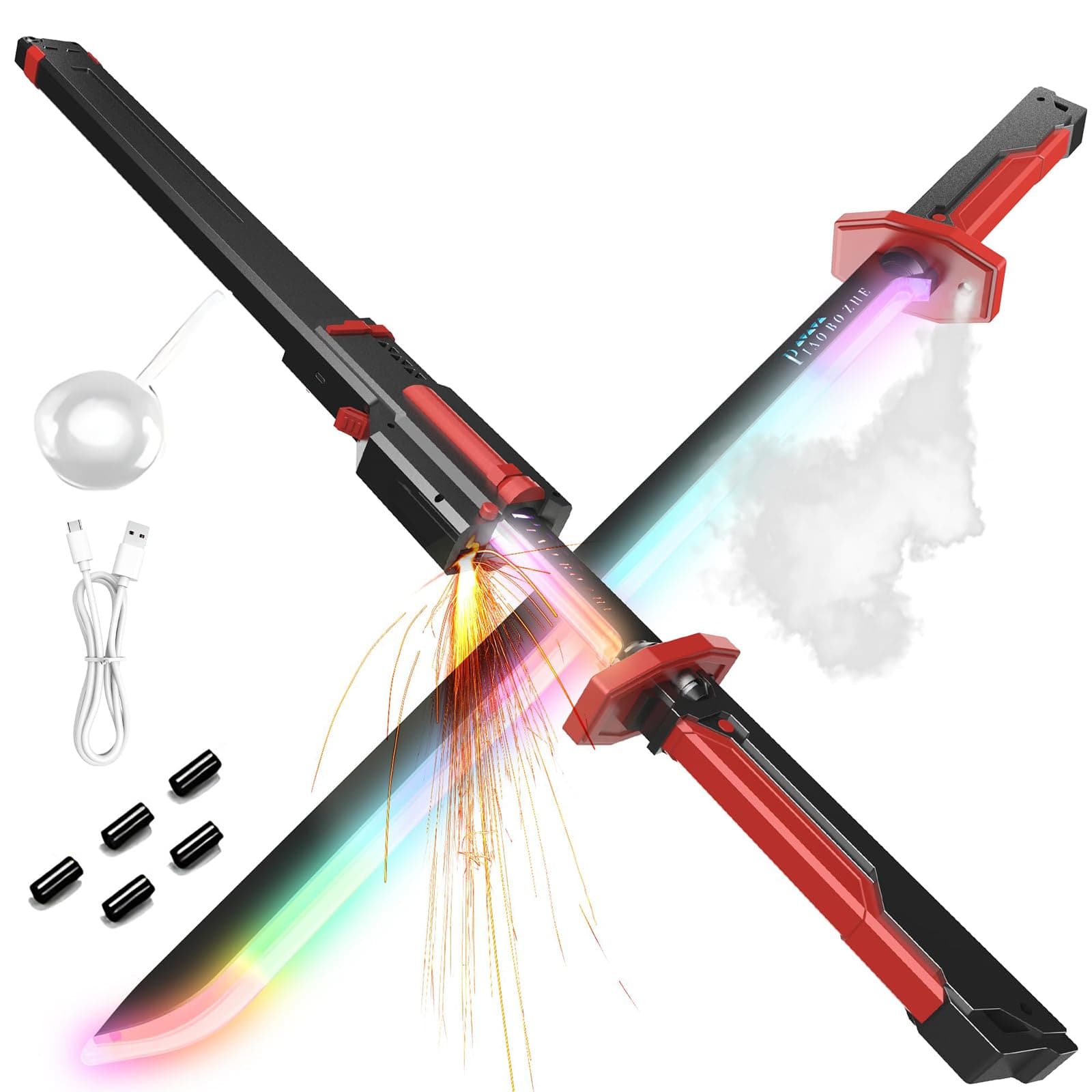 31.5" Spark Sword for Kids and Adults, Led Light Up Sword with Sparks, Sound & Fog, Type-C Rechargeable, Sparking Sword for Anime Cosplay Red