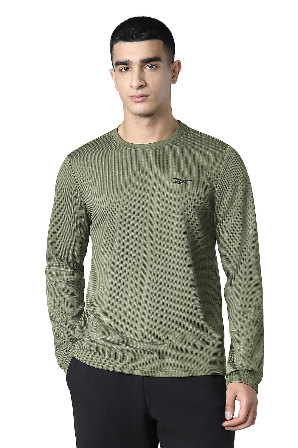Reebok Men's 100% Cotton Casual T-Shirt | Pure Cotton Soft Breathable Regular Fit Full Sleeve Waffle Pullover | Round Neck Premium Tshirt