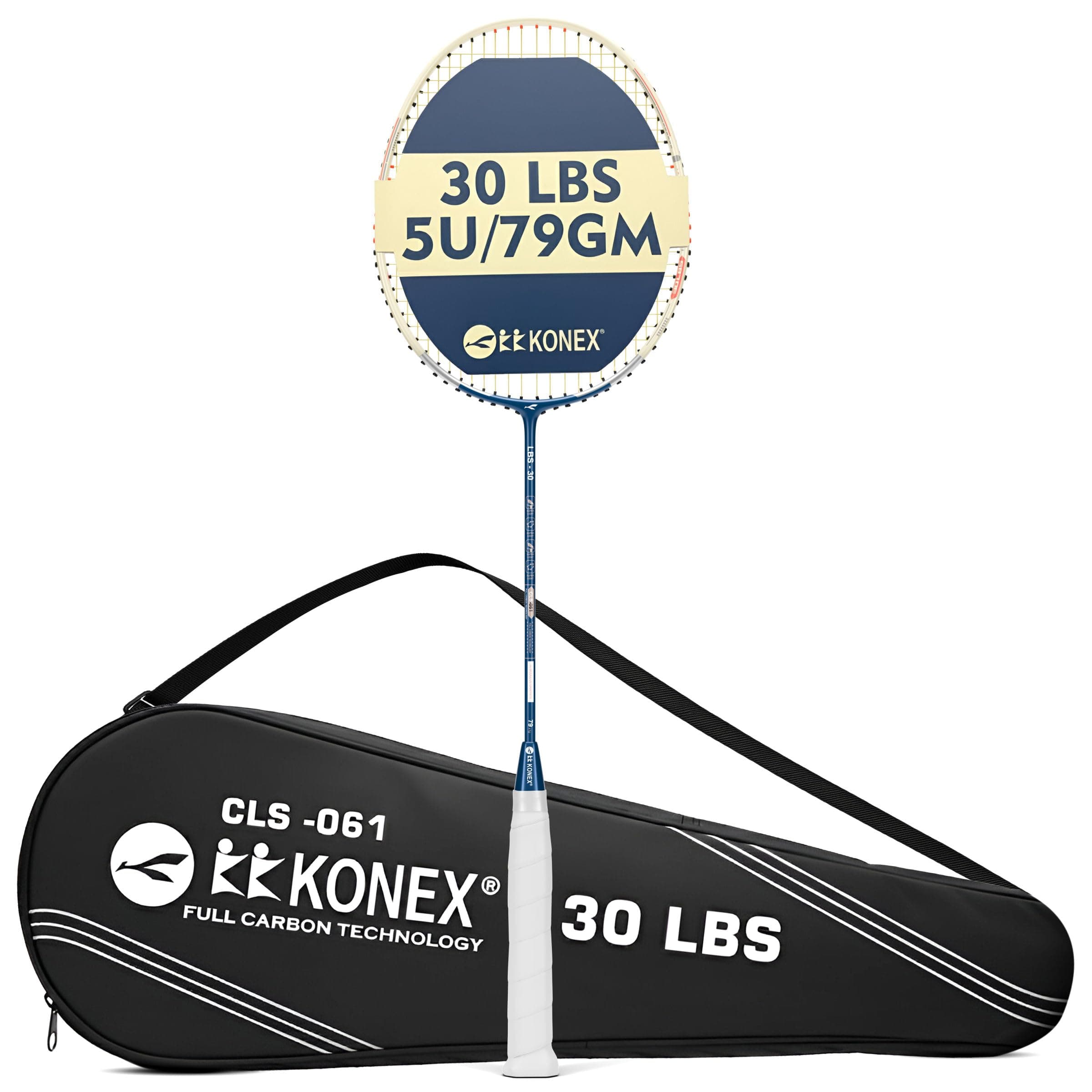 Konex Premium Badminton Racquet | 5U | Full Carbon | 79g | 30 LBS | Off White