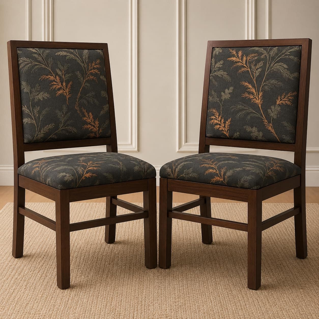 HANDWOOD FURNITURE | Solid Wood Set of 2 Dining Study Chair | Home & Office Furniture | Finish Color:- Walnut Finish with Grey Printed Cushions | Pre-Assembled |1 Year Warranty |