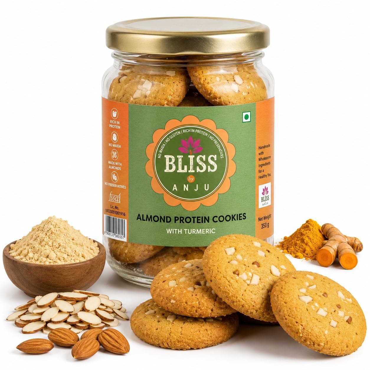 Bliss by Anju Chana Sattu Almond Protein Cookies 350g - 38g Protein | Gluten-Free | Healthy Cookies