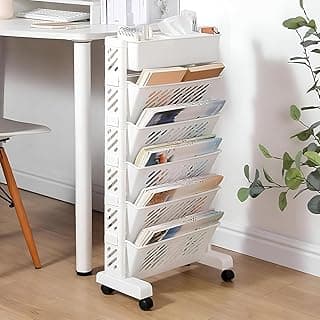 KRISHA Movable Bookshelf with Wheels 5 Tier Rotatable Plastic Book Rack Organizer - Large Capacity Rolling Storage Shelf for Books, Files & Magazines | Space Saving Study Table Side Rack