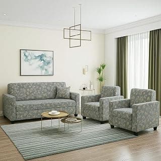 KENDALWOOD Furniture 5 Seater Fabric Sofa Set for Living Room Furniture | 3+1+1 Sofa Set for Home & Office | Fabric Color:- Grey Printed Cushions | Pre-Assembled