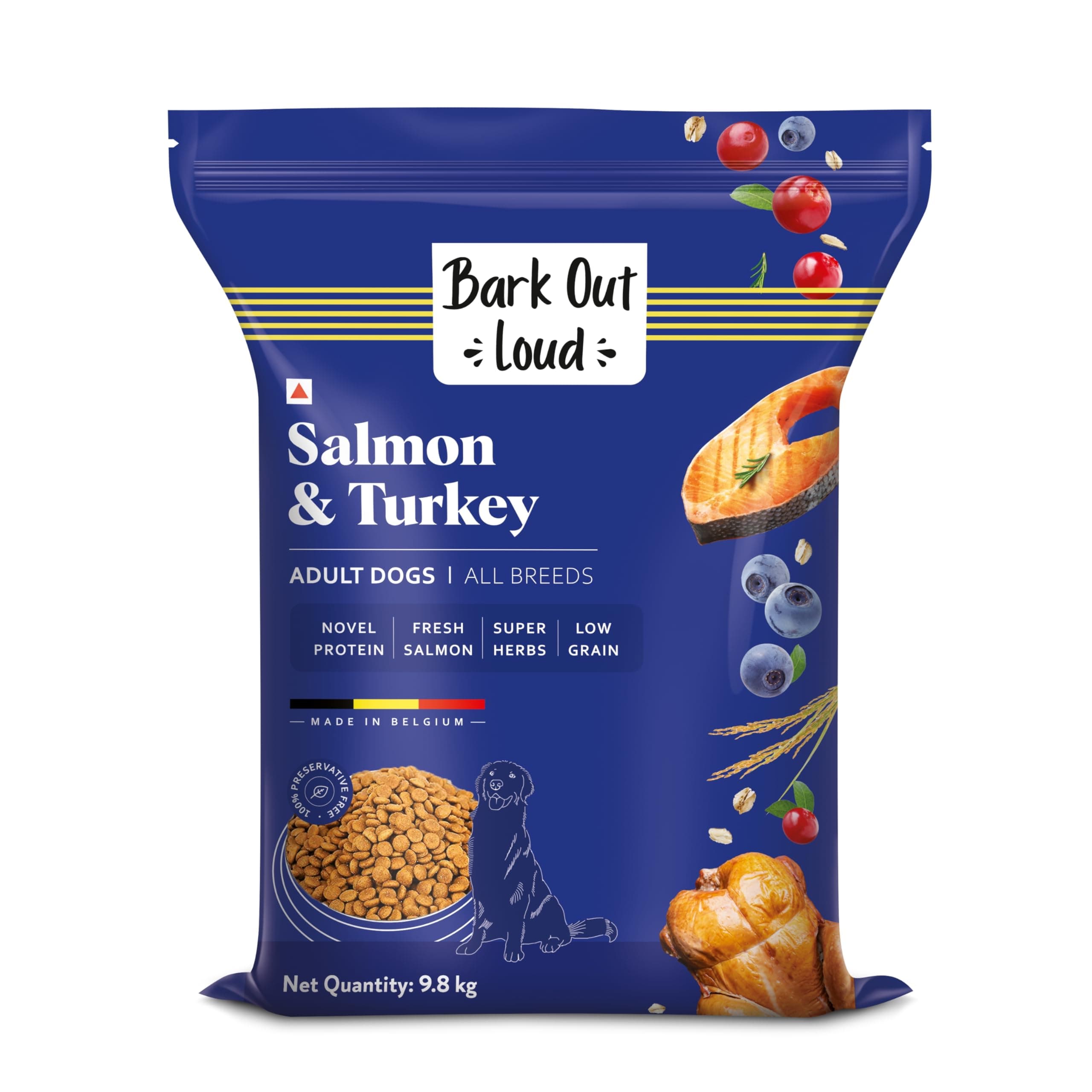 BARK OUT LOUD Adult Dog Food by Vivaldis, Fresh Salmon & Turkey, Low Grain, Rich Novel Protein & Prebiotics, Super Herbs for Healthy Skin, Fish Dry Kibbles for Medium/Large Dog- 9.8 Kg
