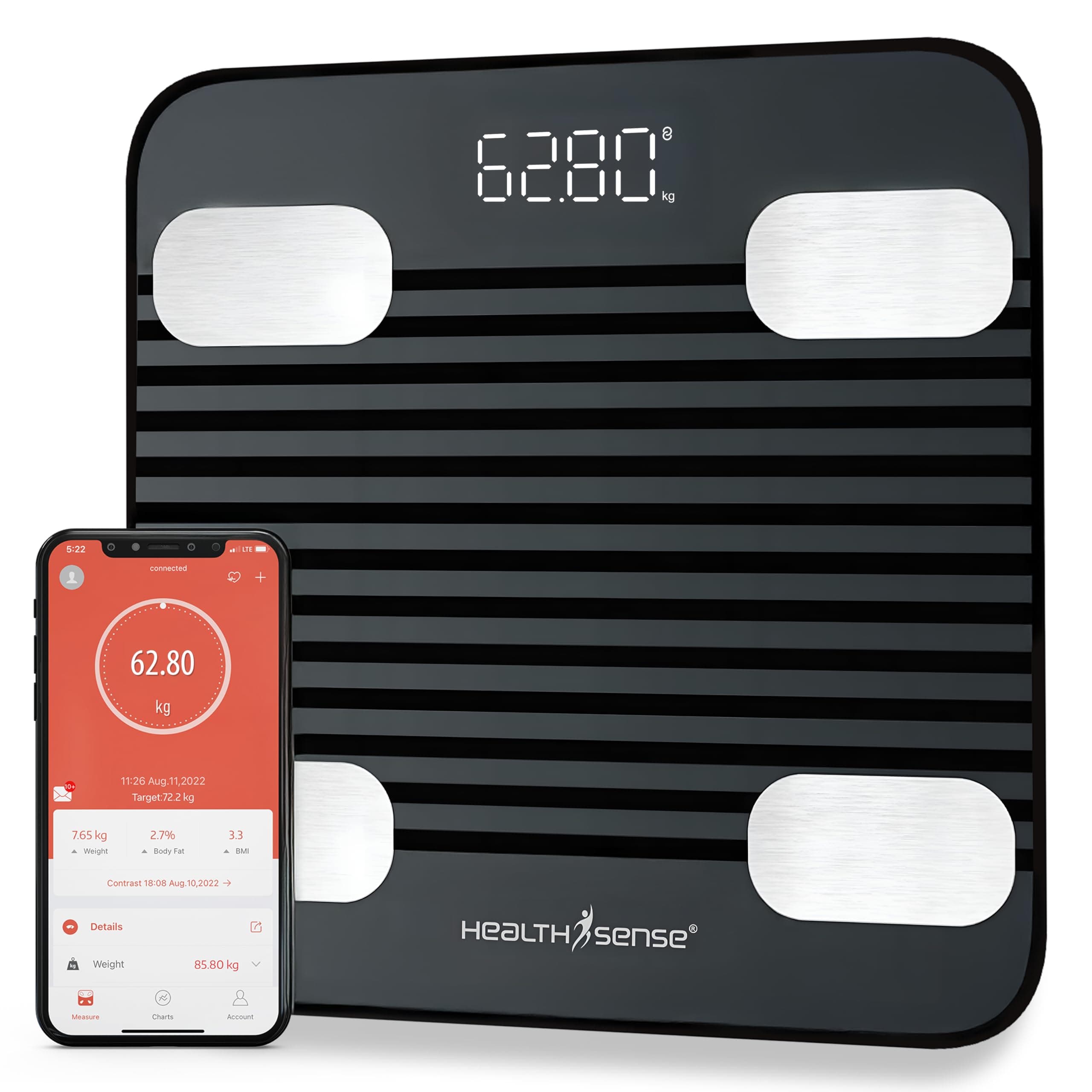HealthSense Smart Bluetooth Weight Machine for Body Weight, Digital Body Fat Analyzer Machine & Body Composition Scale with APP, 13 Body Composition, LED Display & 1 Year Warranty - Fitdays BS 171