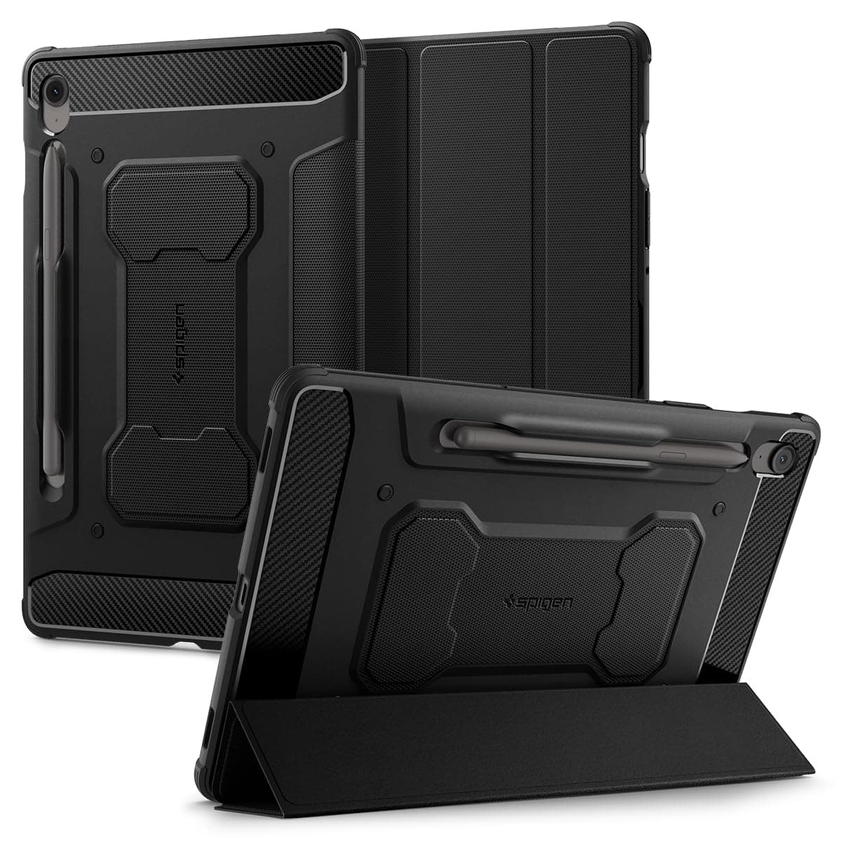 Spigen Rugged Armor Pro | Samsung Galaxy Tab S10 FE/Tab S9 Case [S Pen Holder] [Trifold Stand] 10.9 inch 11 inch Folio Full Cover | TPU+PU Leather - Black