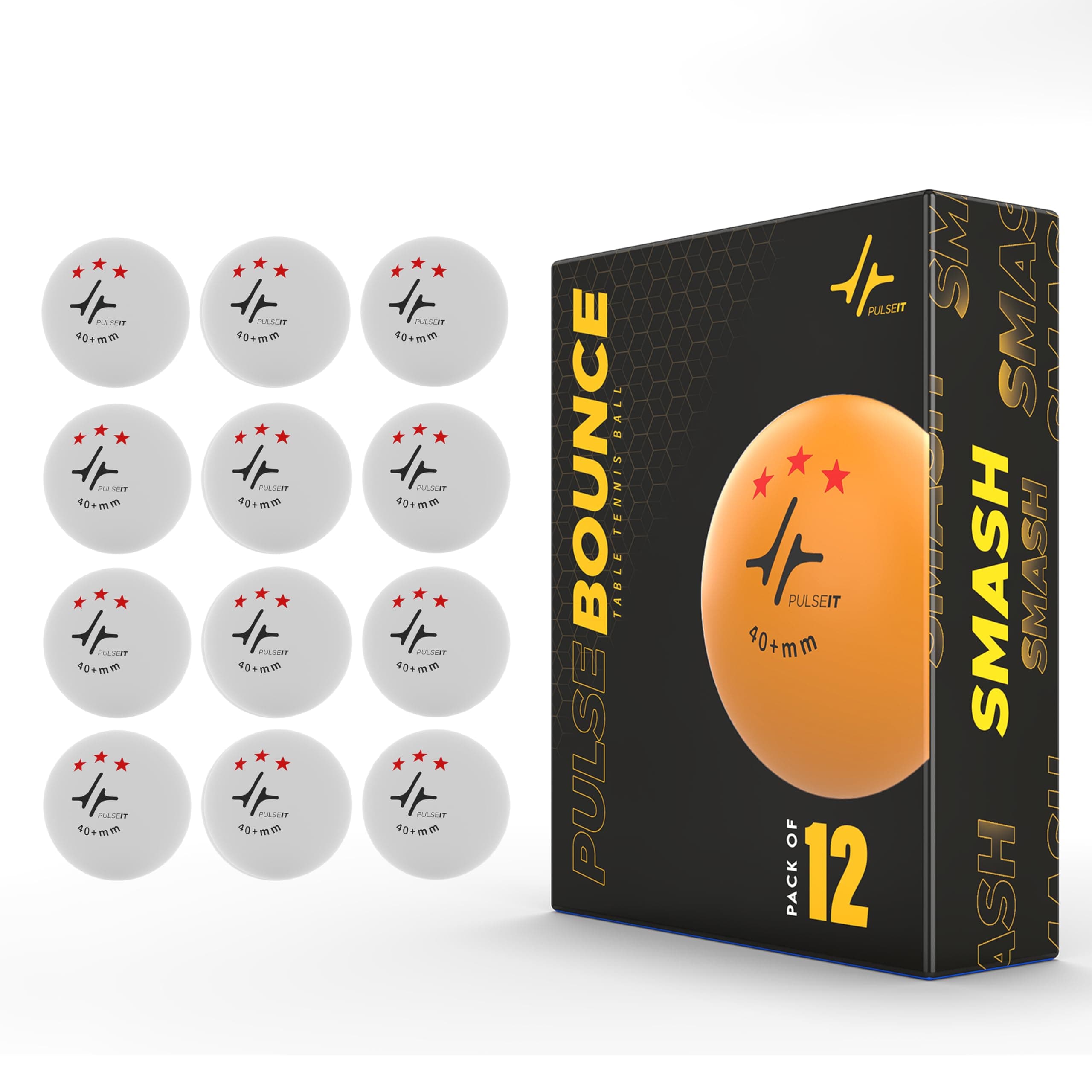 PulseITBounce - High Performance Table Tennis Balls, 40+ for Professional Matches, 3-Star Ping Pong Balls for Kids & Adults Training, Durable ABS Plastic (White) (Pack of 12)
