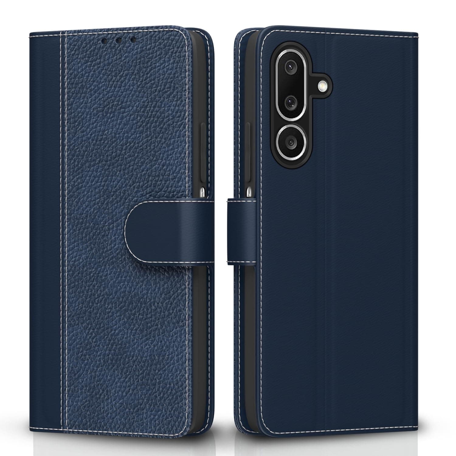 Amazon basics Flip Cover for Samsung Galaxy M36 5G | Leather Finish | Wallet Stand and Shock Proof | Complete Protection Flip Case (Blue)