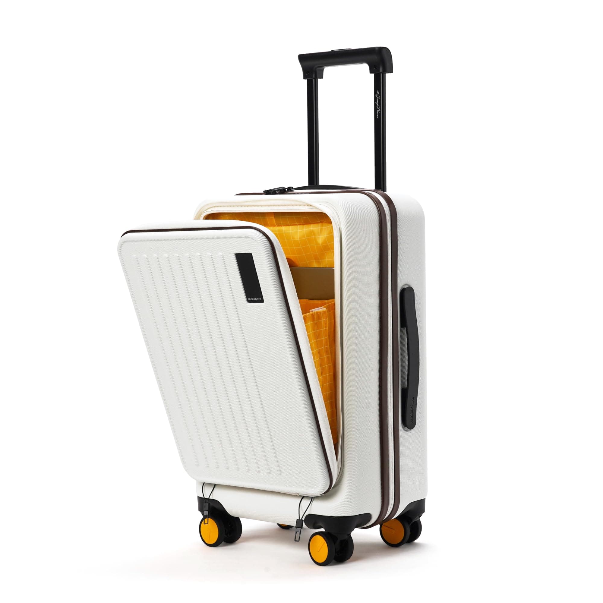 MOKOBARA Transit Cabin Pro Luggage Trolley Bag-56cm(40L),Polycarbonate Hardshell,Front Tech Compartment Fits 15.6" Laptop,TSA Lock,8 Silent Wheels,for 3-5 Days Trip,White(Still Loading Brownray)