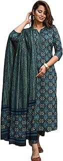 Generic Women Printed Cotton Kurta Pant Set with Dupatta | Straight Kurta Set for Women | Ethnic Wear Suit Set | 3/4 Sleeve | Teal Green