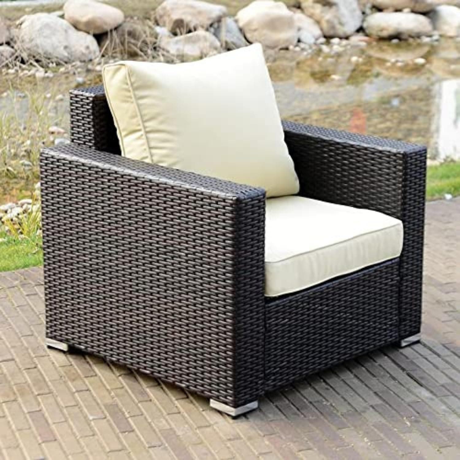 DEVOKO All-Weather Wicker Armchair with Cream Cushion - Ideal Addition to Outdoor Furniture Sets for Garden, Pool, or Porch