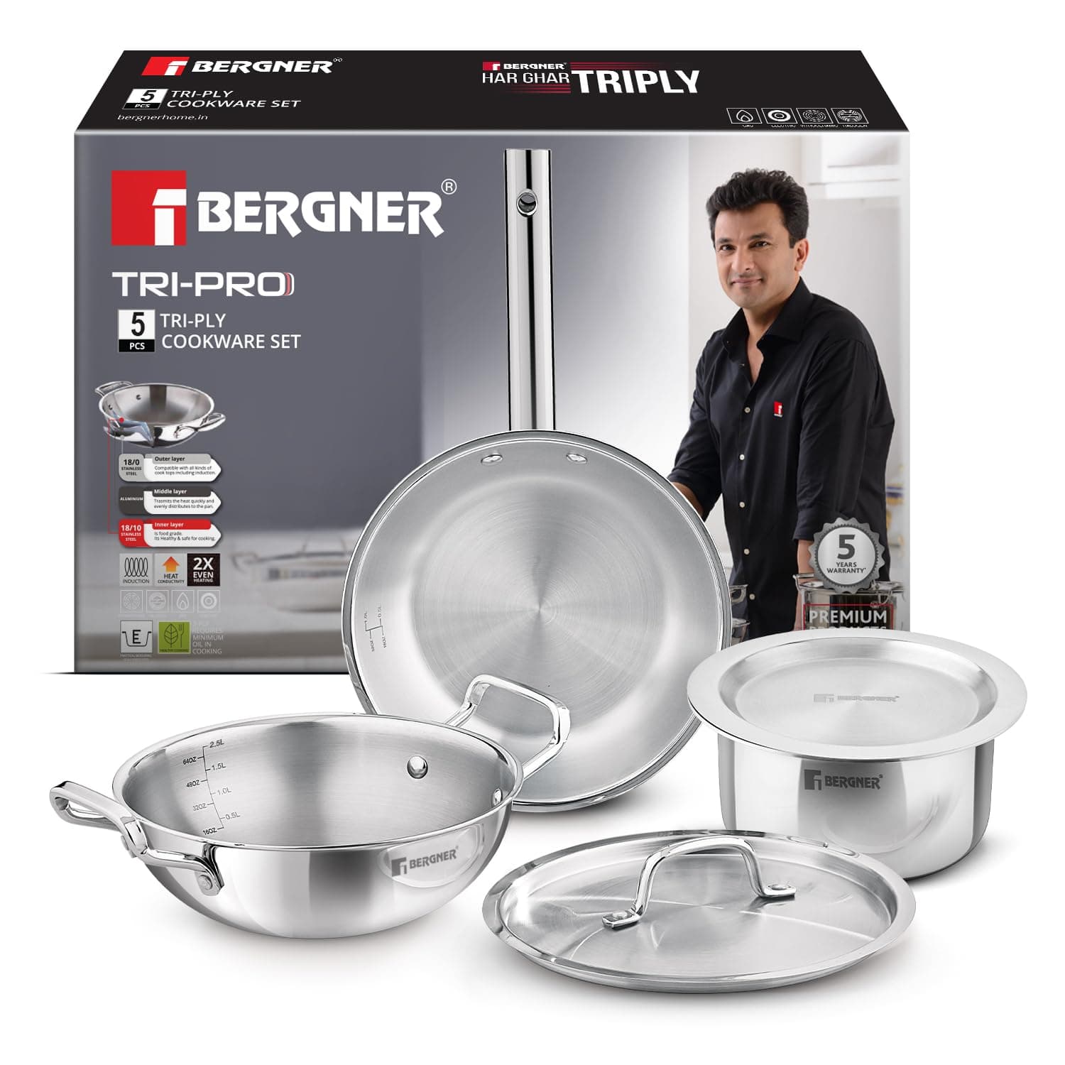 Bergner Tripro Triply Stainless Steel Cook Serve N Keep 5 Pcs Cookware Set - 24cm (3L) Kadai with Lid, 22cm (1.5L) Frypan, 16cm (2L) Tope with Lid, Healthy Cooking - Induction and Gas Stove Ready