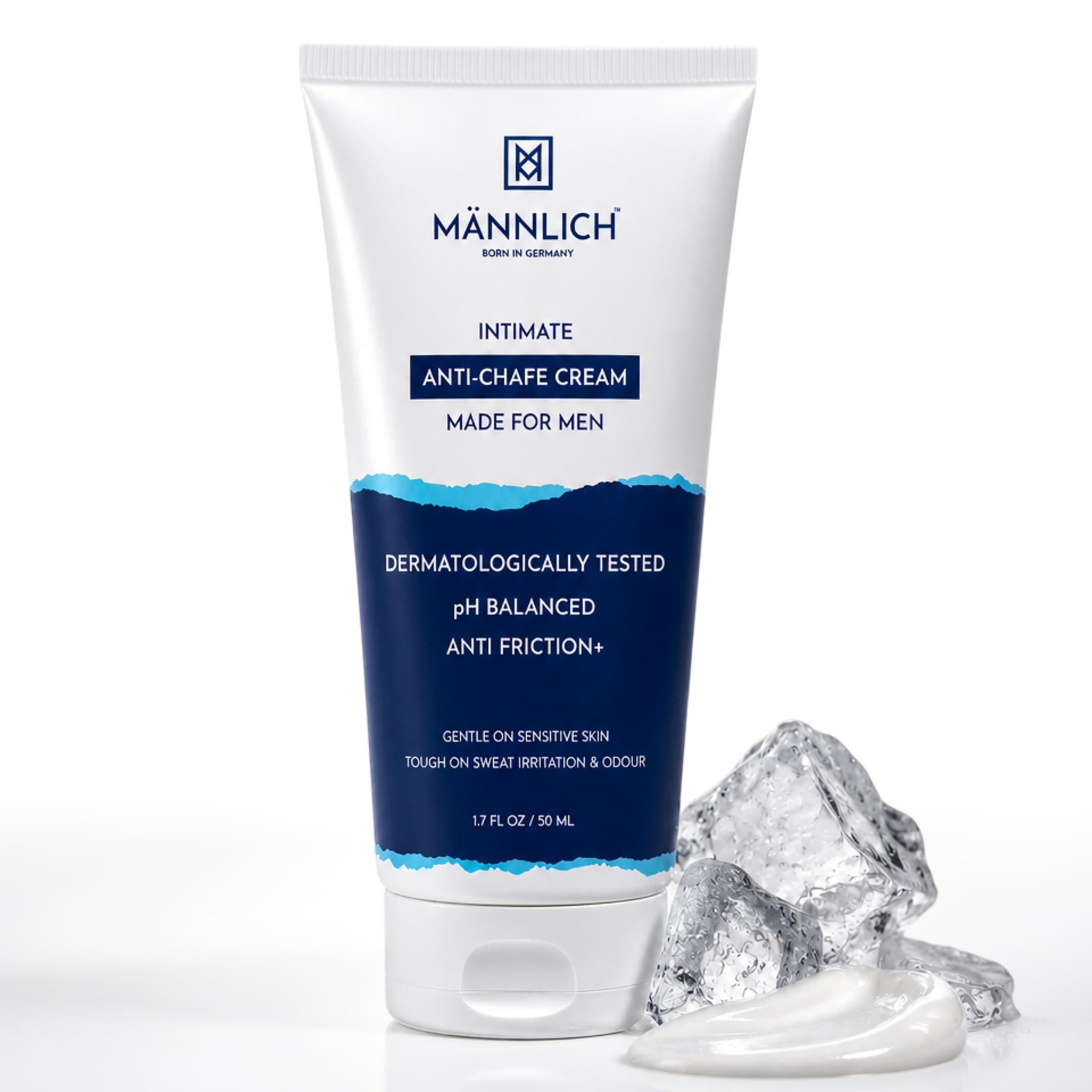 Mannlich Intimate Anti-Chafing Cream for Men - Ball Deodorant, Anti-Itch, Anti-mess Groin Cream, Quick Drying Liquid Powder, Baby Powder Replacement, Non Greasy, Lightens Dark Patch, Protects from Sweat, Odor, Irritation and Soothes Rashes | For Athletes, Cyclists, Runners, Trekkers, Swimmers And Gym Enthusiast, 50 ml
