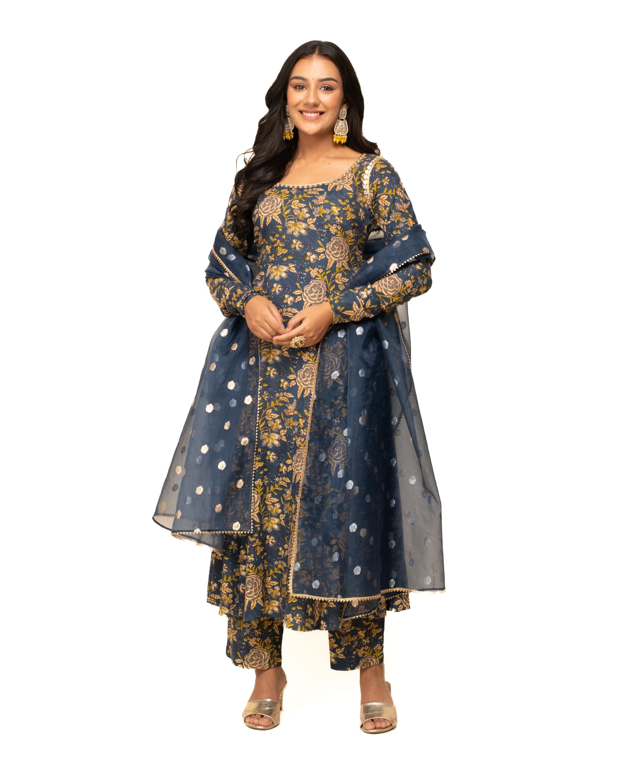 FIORRA Women's Navy Blue Cotton A-line Kurta with Pant and Dupatta