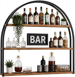 Wall Mounted Home Bar Shelf | Wooden & Metal Liquor Display Rack | Wine & Glass Organizer | Modern Floating Bar Cabinet for Living Room, Dining Room, Café & Restaurant