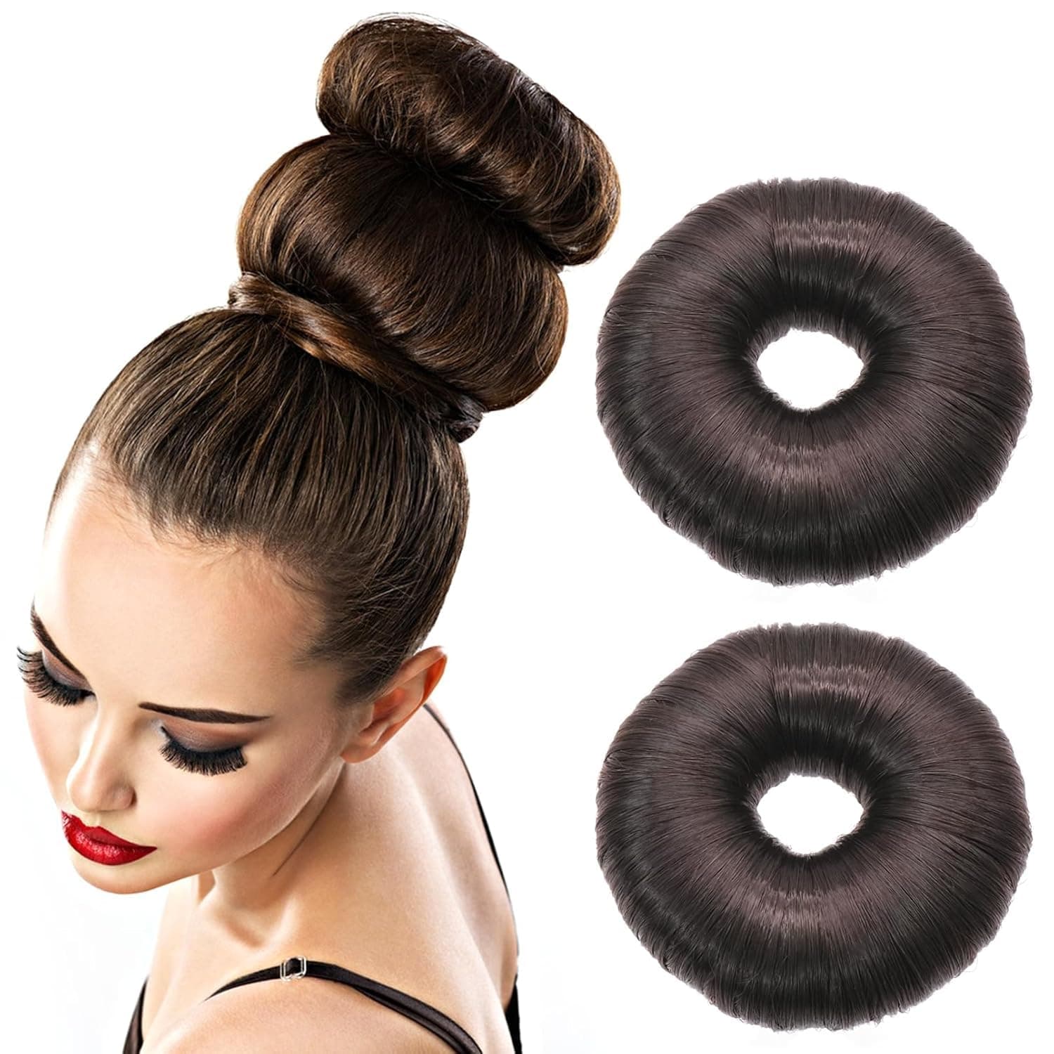 Miss Lirenn® 02 PCS Donut Bun Cushions, Wig Winder Hair Bun Maker Set, Hair Styling Hairstyle Aid Set, Doughnuts Bun Bun Suitable for Women and Girls, 7 cm Diameter (Brown Color) (Brown)
