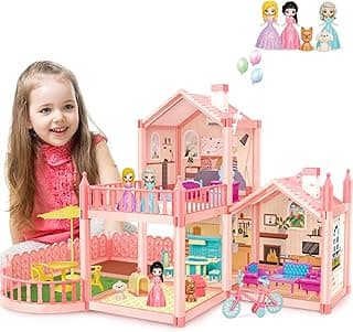 deAO Dollhouse with Furniture and Accessories, Dollhouse with 2 Floors, 3 Bedrooms, Balcony, 3 Dolls, 17 Furniture, Bicycles, Gift for Girls for 3 4 5 6 7 8 Years
