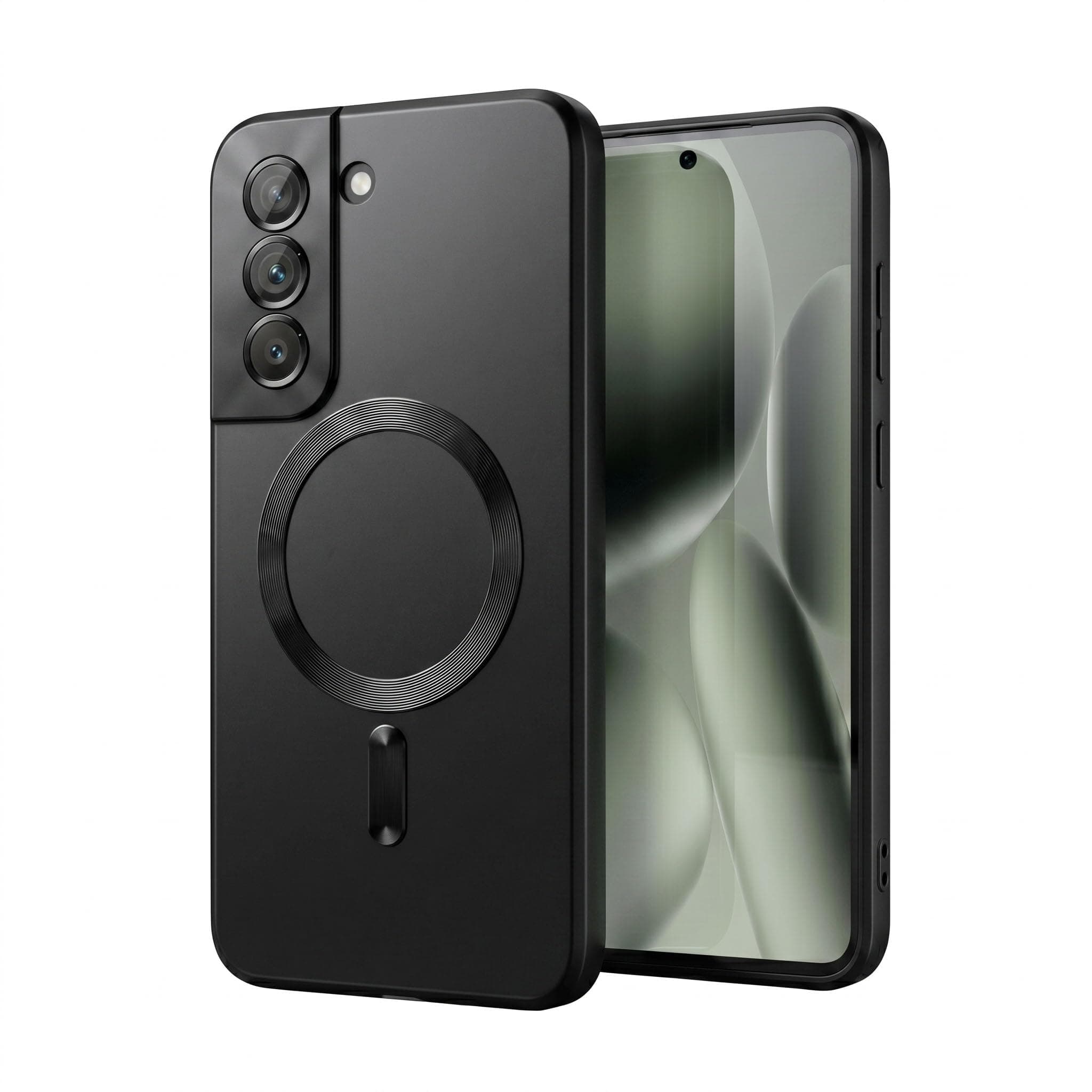 amazon basics Premium Mag-Safe Case for Samsung Galaxy S22 Plus | Shockproof & Anti-Scratch Cover | Soft Silicone with Wireless Charging | Camera Lens Guard - Black
