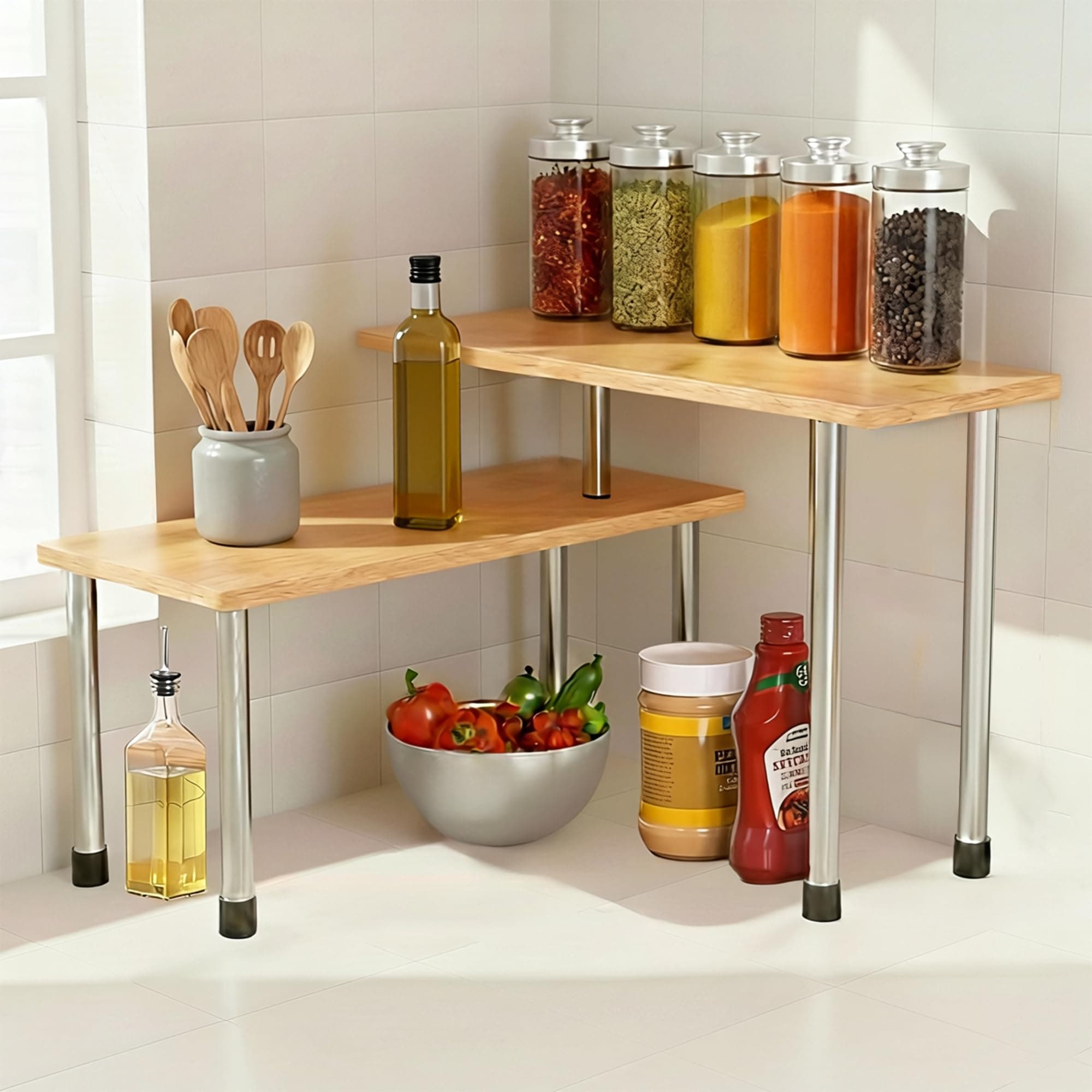ABJA Premium Bamboo Kitchen Counter Top Organizer, Shelf Rack for Kitchen Storage, Wooden Corner Shelf, 2 Tier Spice, Oil Stand, Tabletop Adjustable Rack (Golden Brown, 2 Tier)