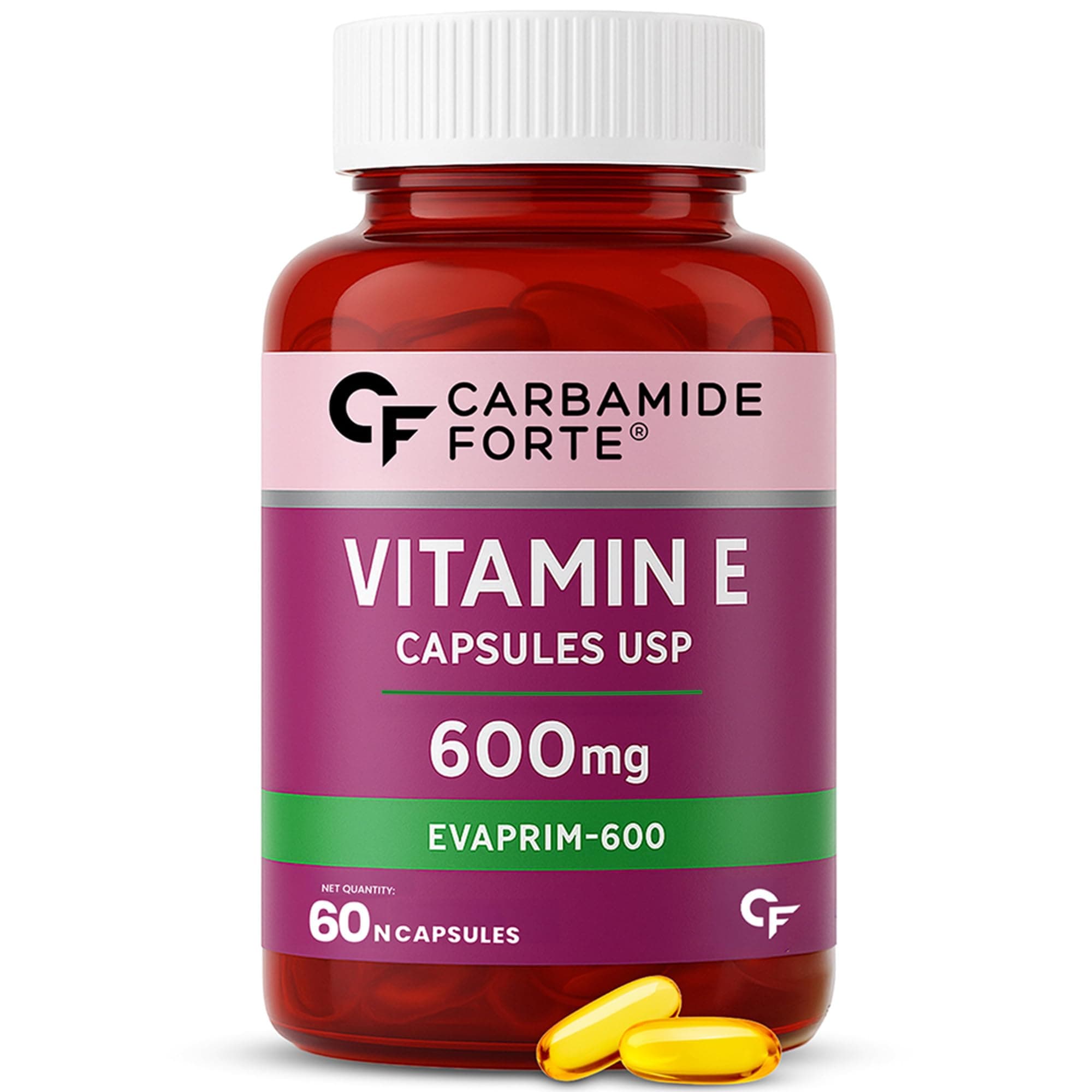 Carbamide Forte 600 mg Vitamin E Capsules for Face and Hair | 100% Natural Supplement with Vitamin E Oil | Paraben Free - 60 Capsules