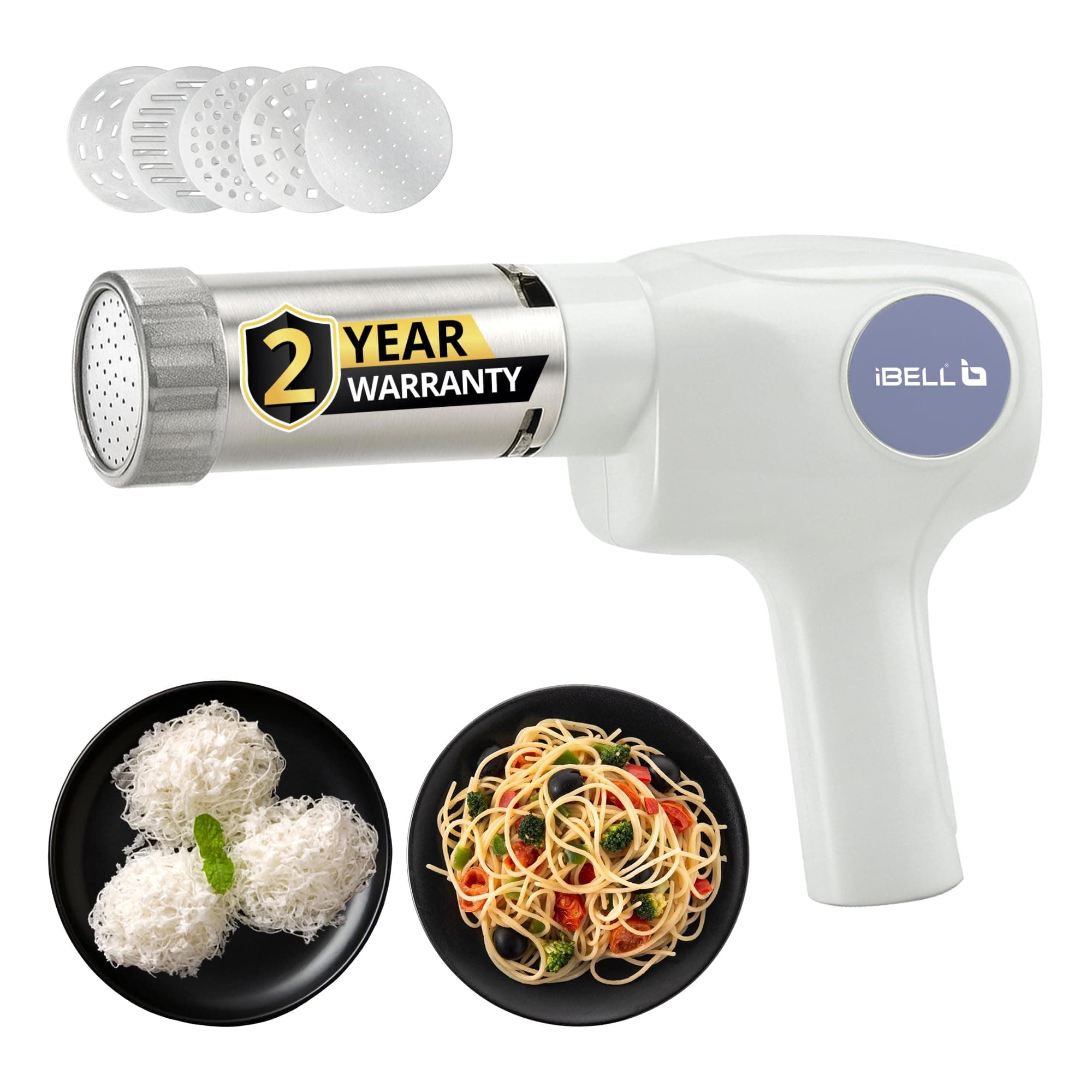 IBELL Electric Idiyappam Maker, Pasta & Noodle Maker with 5 Molds, 50Watts Power, 50 Times for Full Charge, Cordless with Rechargeable Battery(White)
