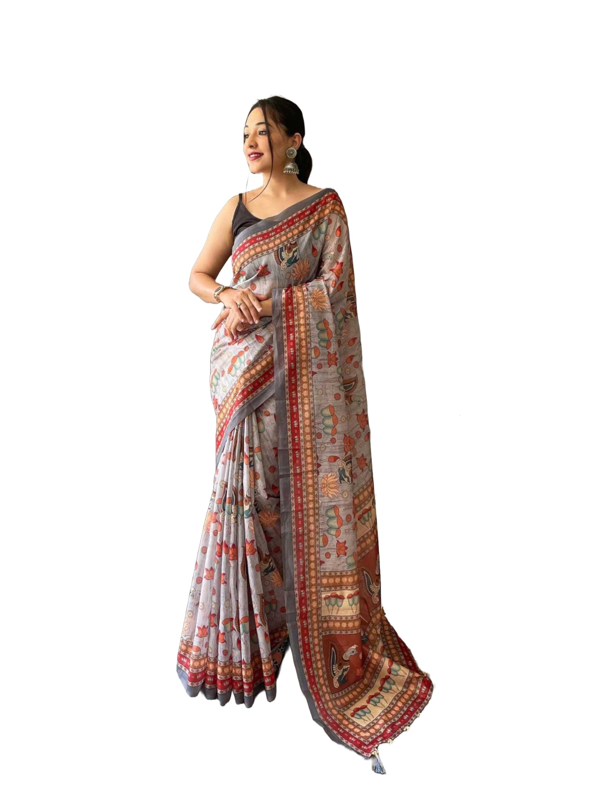 Pandadi Saree Women Exquisite Malai Cotton Saree with Elegant Kalamkari Patterns With Unstitched Blouse Piece