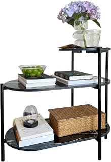 TARKAN Living Room End Table, 3 Tier Sofa-Side Wooden Table Marble Finish with Metal Frame (Black)
