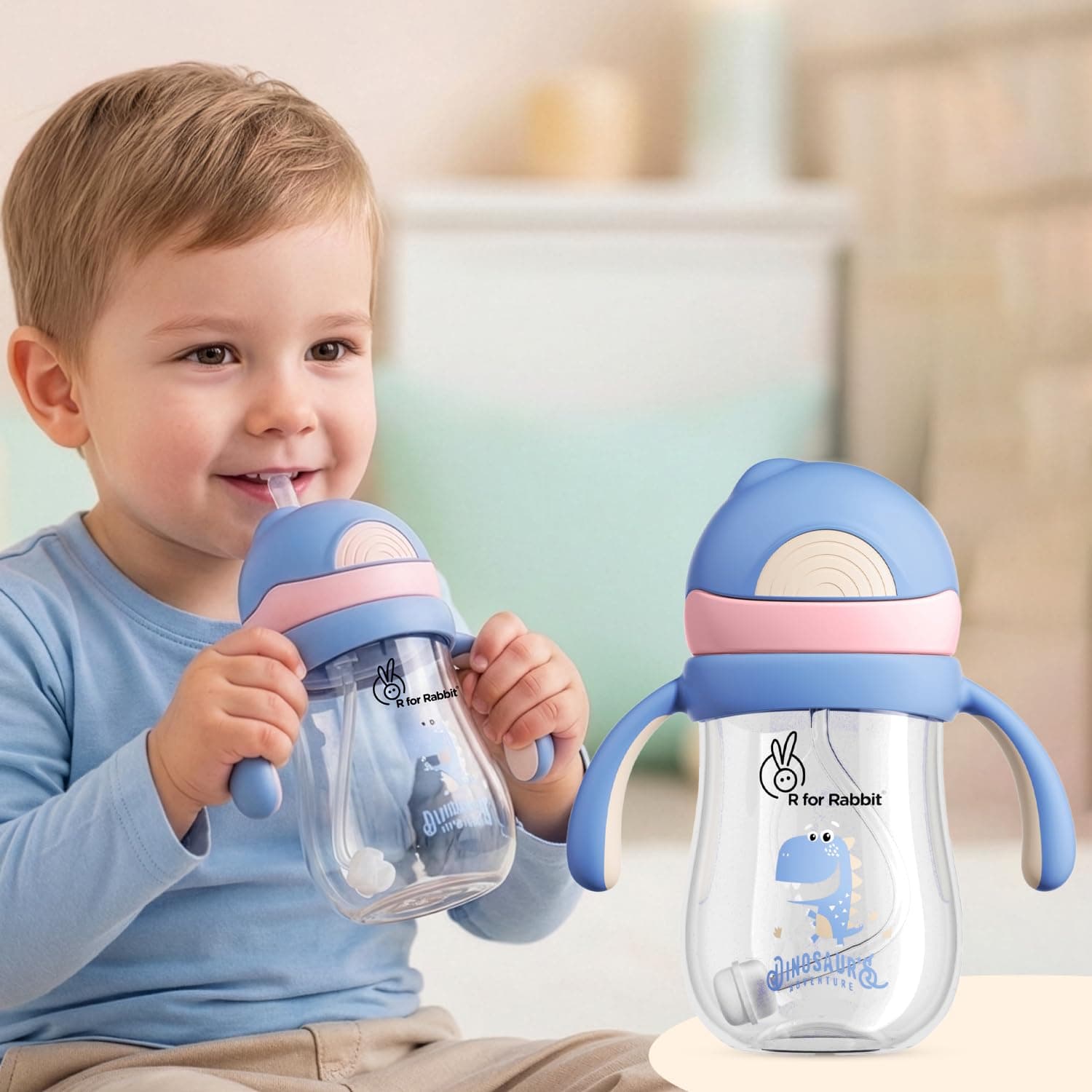 R for Rabbit Tritan Dino 320ml Straw Sipper for Kids | Twin Handle Non Toxic BPA Free Soft Silicone Straw Sippy Bottle | Leak Proof Drinking Sippy Cup for 12+ Months Kids (Pink Blue)