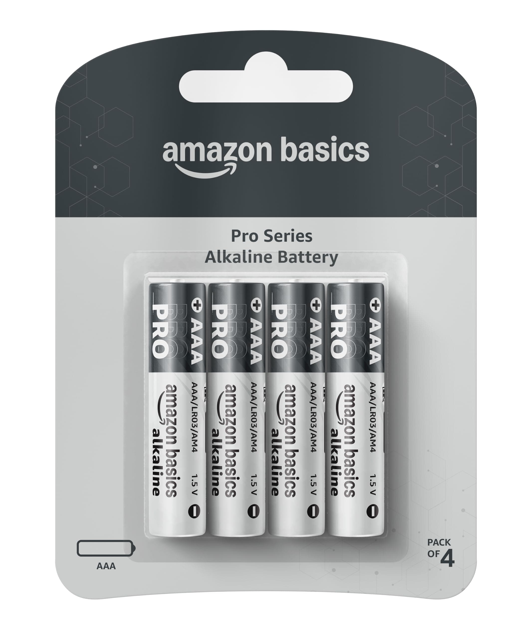 Amazon Basics Pro Series AAA Alkaline Battery | Pack of 4 | for High Drain Devices | Toys, Digital Camera, Electric Toothbrush