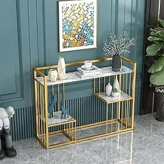ARTROCK Modern 3-Tier Console Table with Faux Marble Shelves, Gold Metal Frame, Narrow Entryway Sofa Table, Luxury Display Shelf Organizer for Living Room, Hallway, Bedroom & Office (White Gold)