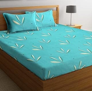 BSB HOME Glace Cotton Printed 180 TC Microfiber Double Bedsheet with 2 Pillow Covers (Aqua, Sky Blue, 90X90 Inches)