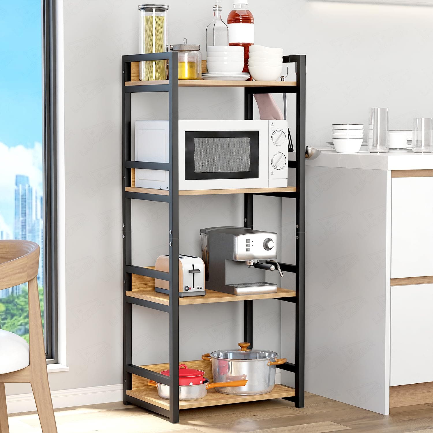 Lukzer 4 Layer Multipurpose Storage Rack - Heavy Duty Metal & Wood Kitchen Organizer | Space Saving Microwave Oven Stand for Modular Kitchen, Living Room, Bedroom & Office (MKR-004/Black & Oak Light)