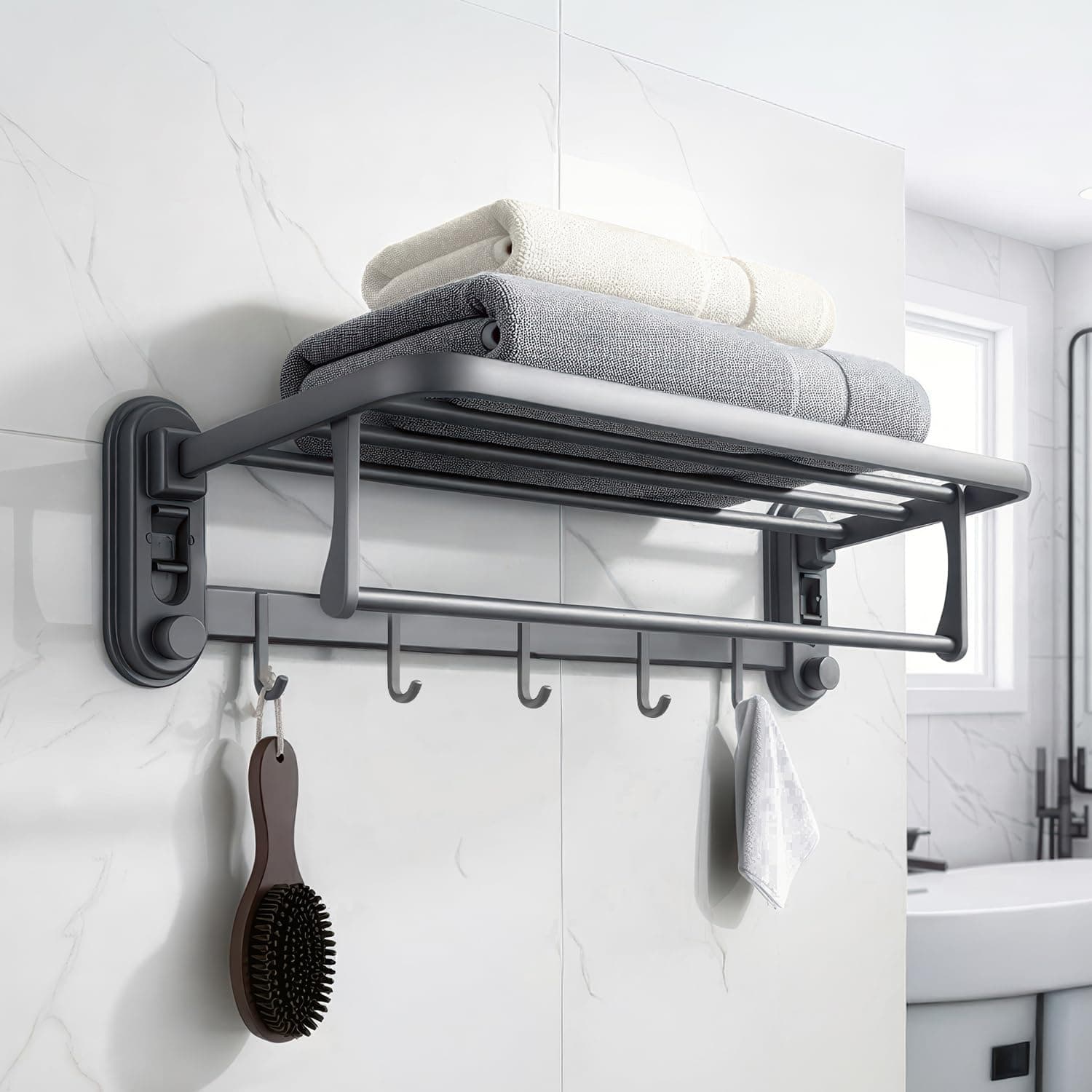Amazon Basics Suction Towel Holder for Bathroom – Rust - Free Powder Coated Wall Mounted Towel Rack | No Drill Towel Rack | Modern Bathroom Accessories Organizer Grey