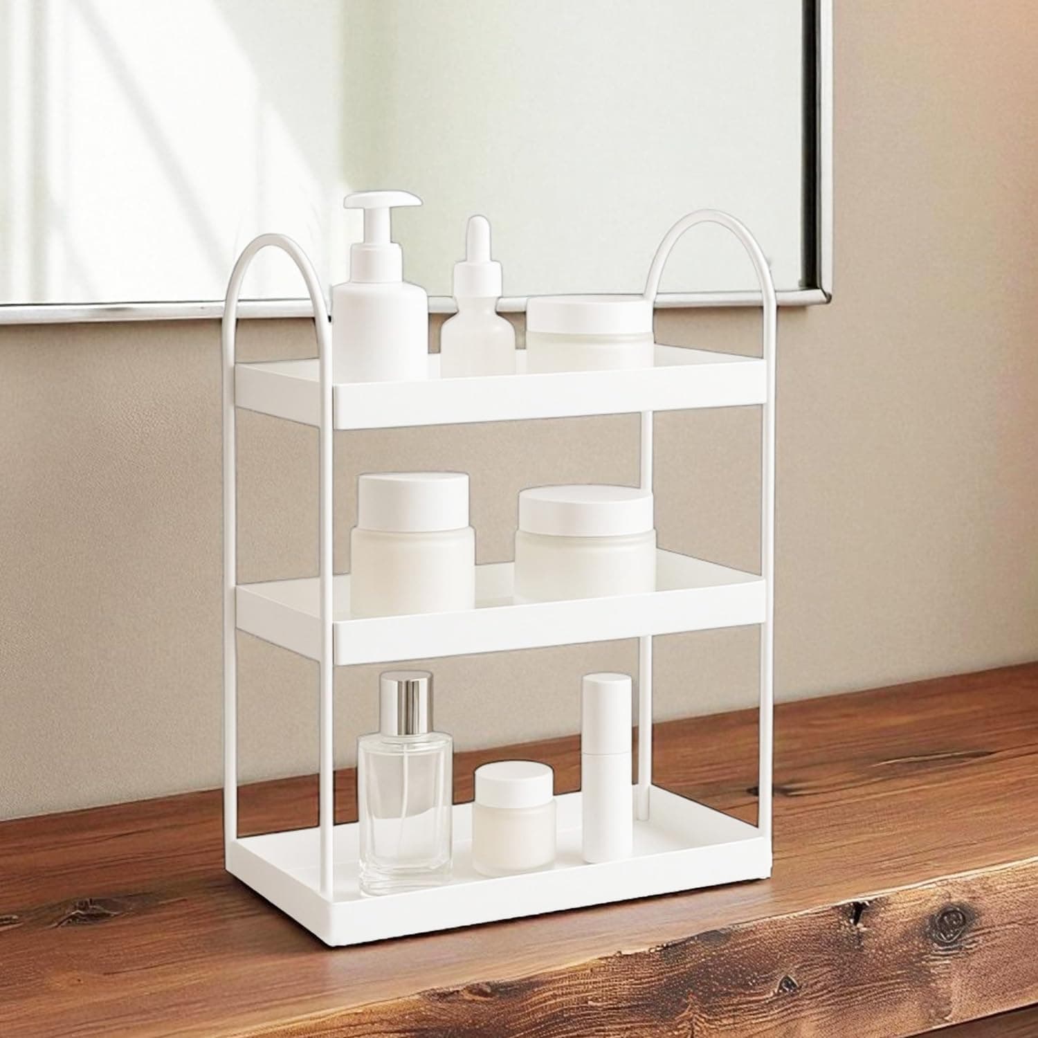 Amazon Brand - Umi 3 Tier Curved Metal Vanity Organizer – 45cm Tall Countertop Storage Rack for Bathroom, Dressing Table & Desk | Powder Coated Rust-Resist Iron (White)