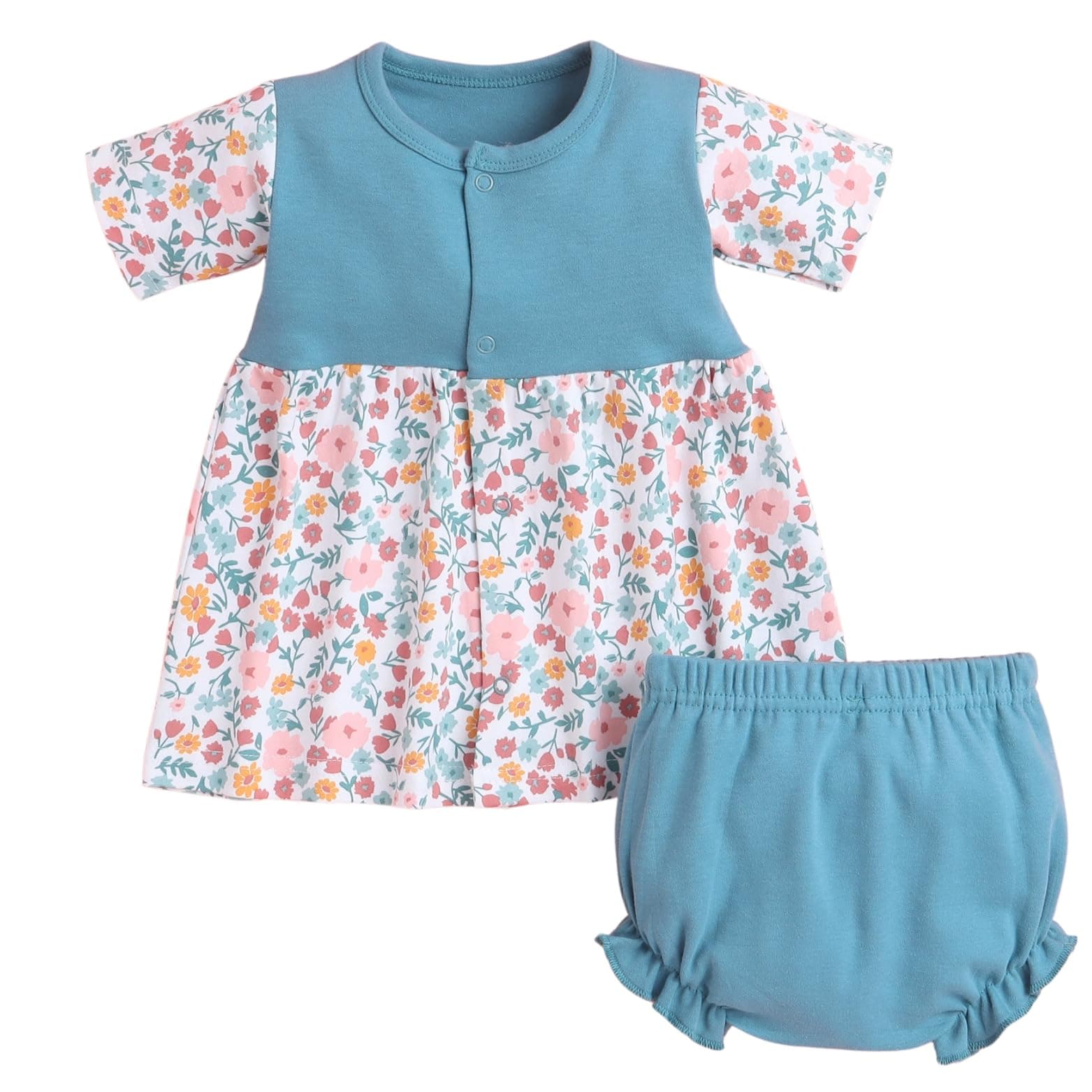 EIO Baby Girl Cotton Printed 2-Piece Dress Set, Short Sleeve Frock with Bloomers, Print
