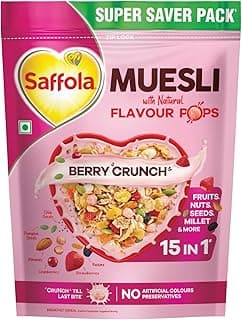 Saffola Muesli Fruit & Nut Berry Crunch with Flavour Pops, 700 gm | 15 in 1 Fruit and Nuts, Seeds, Millet & more | Cereals for breakfast rich in wholegrain, protein, fibre