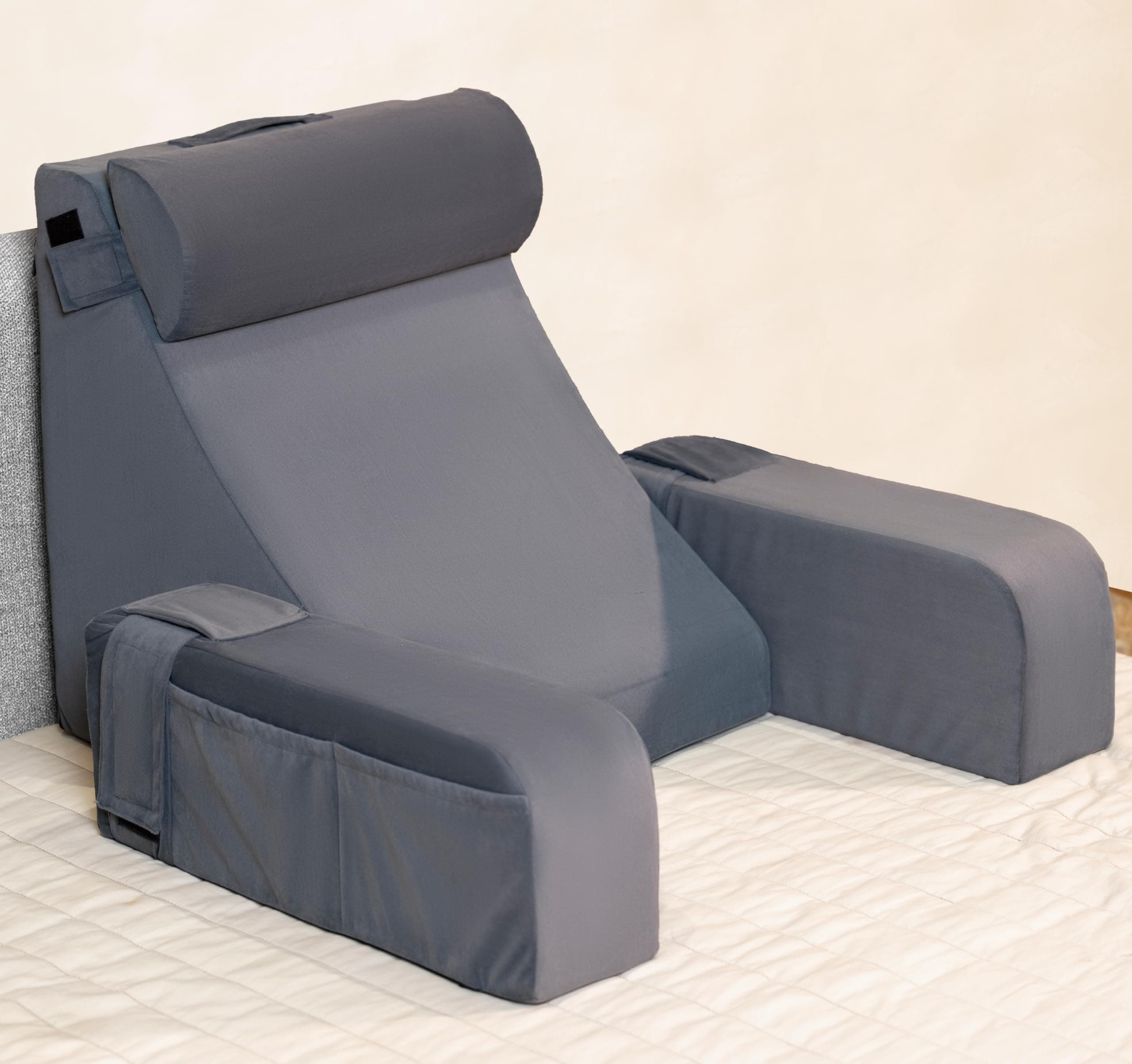 FOVERA Reading Pillow with Arm Support & Headrest | Backrest Wedge Pillow for Bed | High-Resilience Foam Bed Back Support Pillow for Reading, Working & Relaxing | Removable Velvet Cover (Grey)