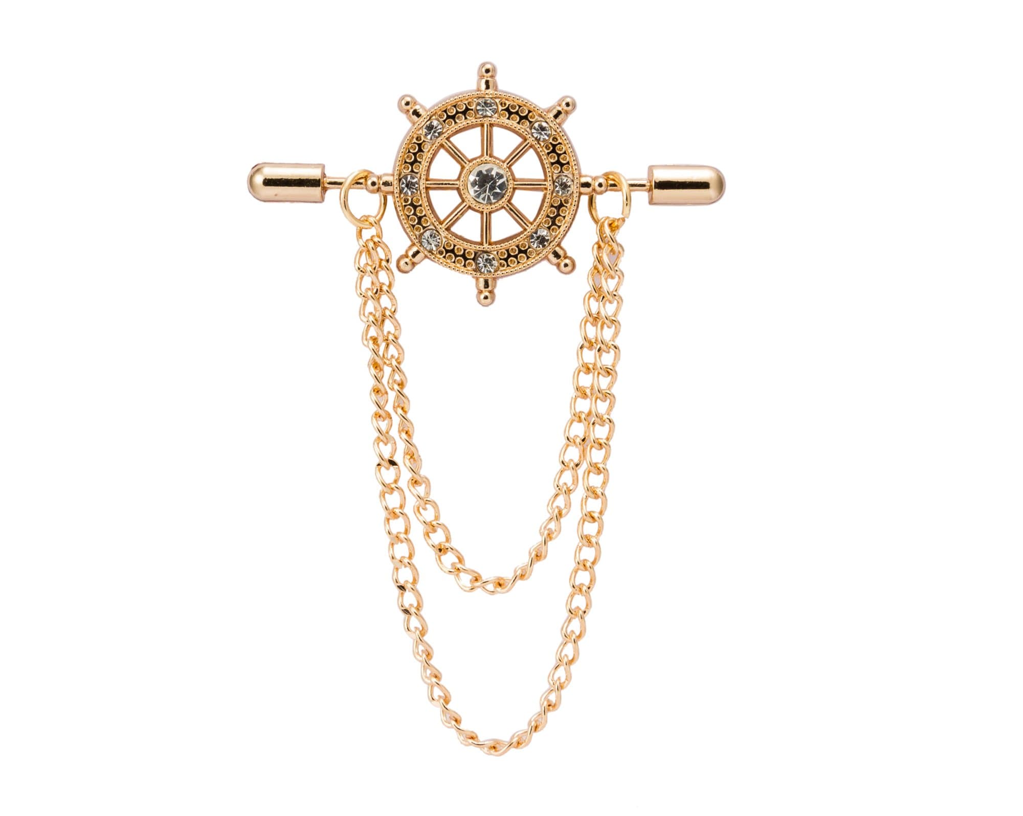 Knighthood Men's Gold Alloy Crystal Ship's Steering Wheel with Chain Lapel Pin