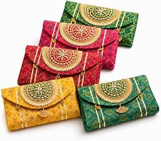 JAIPUR ACE Jaipur Ace Women Ethnic Embroidered Clutch Bag with Golden Handwork & Tassel | Traditional Wedding Party & Festive Shagun Purse |Return Gift Clutch Set (Pack of 5)
