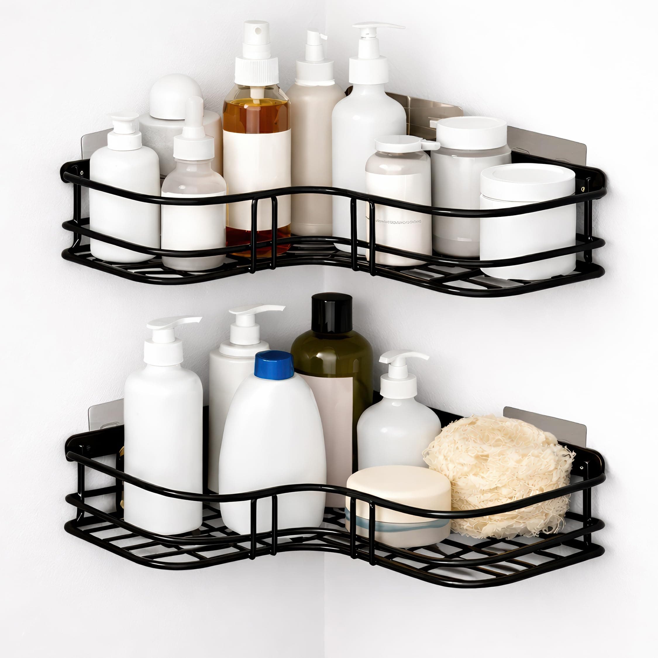 amazon basics Steel Bathroom Organiser Without Drill | Bathroom Corner Shelves | Washroom Storage Organizer | Shelf & Fittings | Wall Mounted Pack of 2
