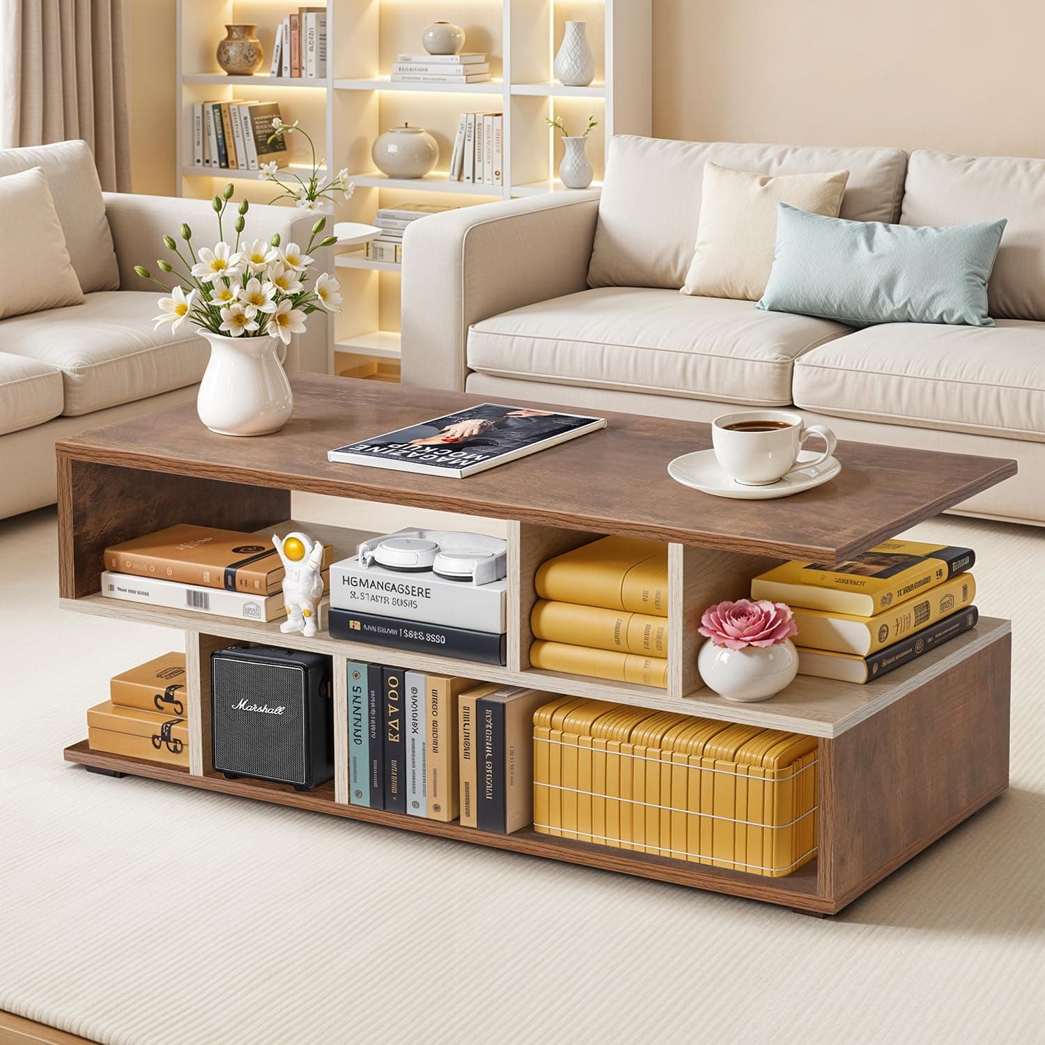 ABOUT SPACE Wooden Coffee Table - Sofa Centre Tea Poyee Table with Storage - Space Saving Portable Furniture for Living Room, Bed Room, Office (Walnut - L 100 x B 40 x H 39 cm)