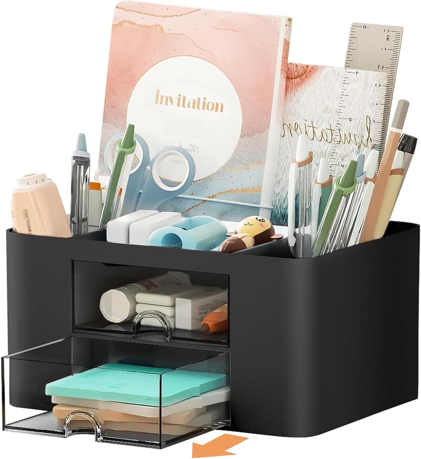 UCRAVO Plastic Versatile Desk Organiser with 5 Compartments, 2 Drawers and Multifunctional Storage Options - Ideal for Office Supplies, Stationery and Desk Accessories, Office Organiser - Black