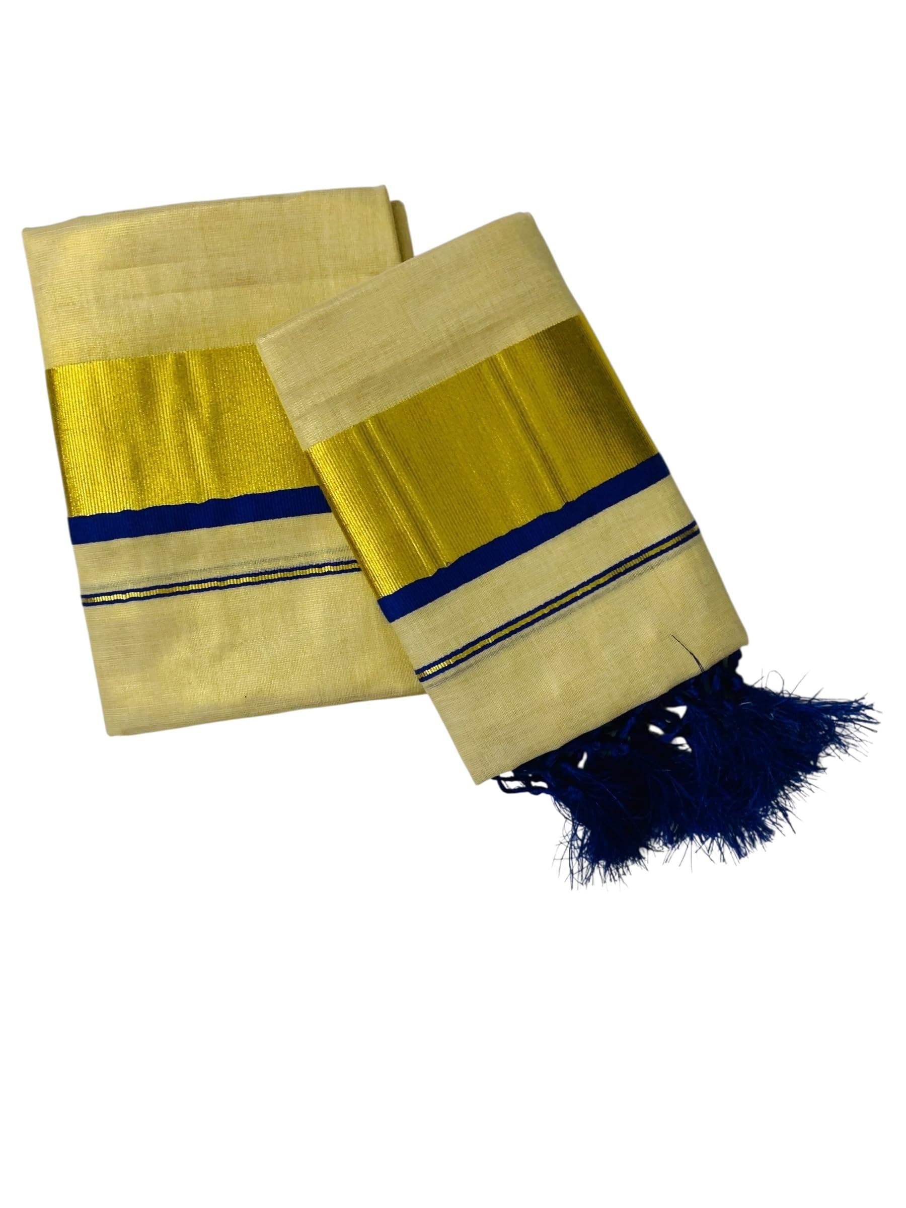 Kuthampully Women’s Tissue Kerala Kasavu Set Mundu with Kunjam | Kerala Tissue set mundu - Blue EKM-140