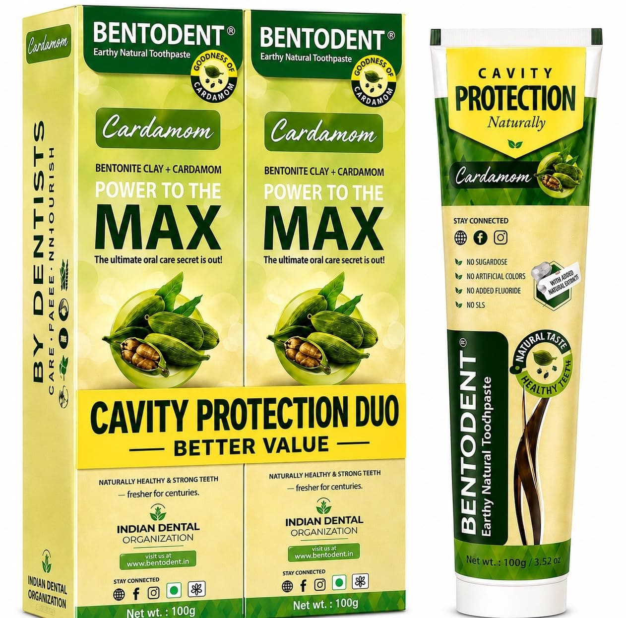 Bentodent Natural Toothpaste | Herbal Whitening & Daily Oral Detox | SLS, Fluoride & Foam Free | Safe for Kids & Family | Cardamom Freshness | Remineralizing Toothpaste (Cardamom Pack of 2, Qty 200g)